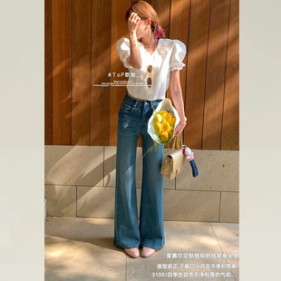 TOP欧制早春新款蓝色牛仔裤女高腰显瘦版型超好看的微喇叭裤3100