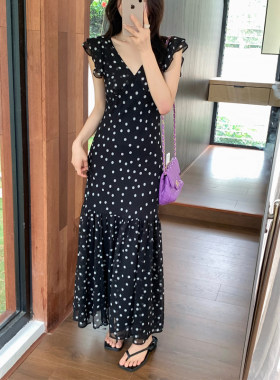 夏季飞飞袖波点连衣裙女气质长裙