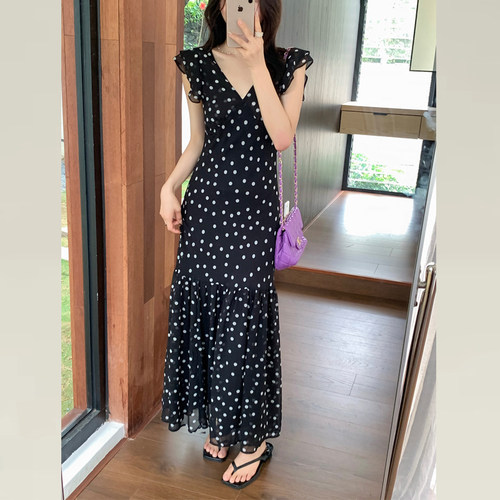 夏季飞飞袖波点连衣裙女气质长裙