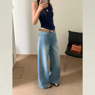 DIMO带钻牛仔裤 子7283 阔腿宽松2026早春新梨型身材粗腿宽跨显瘦裤