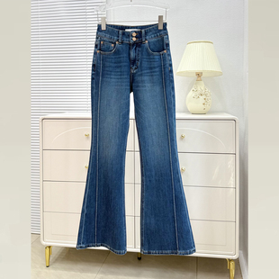型超好看 版 裤 子女款 深蓝色加绒微喇牛仔裤 显瘦拖地喇叭裤 女新款