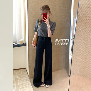 Boyiyiyi黑色加绒直筒牛仔裤阔腿宽松高腰显瘦版型超好看的裤子女