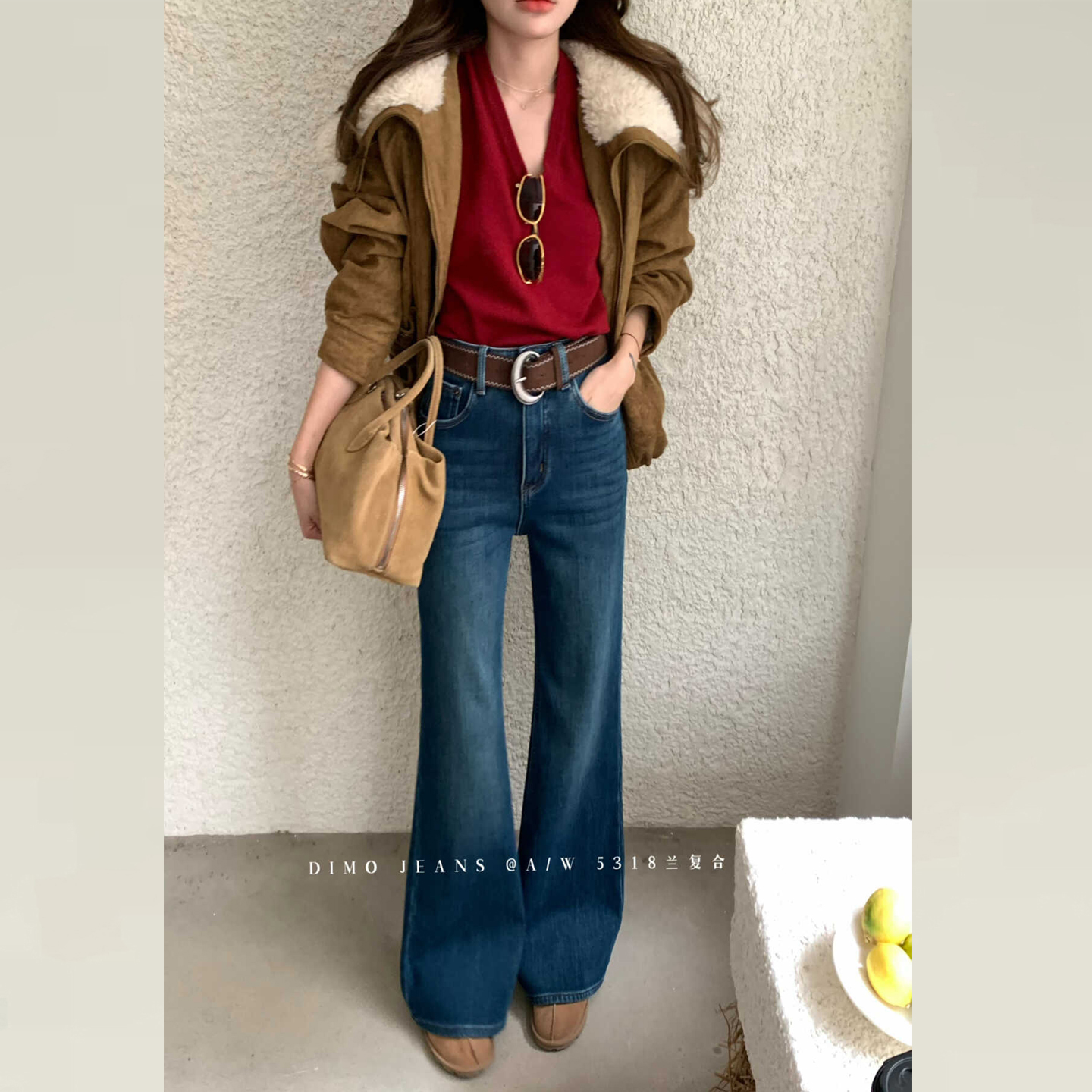 版型超好看的加绒牛仔微喇叭裤女