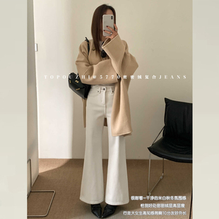 冬厚款 子高腰显瘦微喇叭裤 版 裤 型超好看 TOP欧制白色加绒牛仔裤