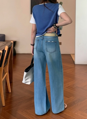 版型超好看的蓝色牛仔裤阔腿宽松2026早春新款复古高腰显直筒长裤