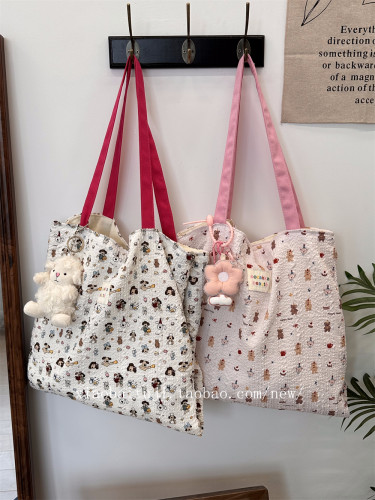 安若木兮甜美印花小狗双层帆布袋