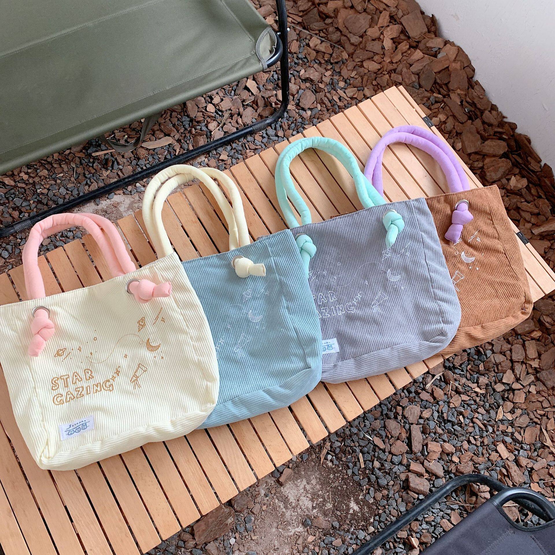 小白兔几  可爱少女心月亮刺绣单肩包灯芯绒帆布包简约学生上课包