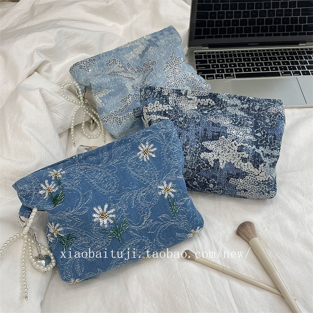 小白兔几 牛仔化妆包亮片大容量收纳包便携洗漱包水乳刷子整理袋,收纳整理,化妆包,淘宝优惠券,粉丝福利购,淘宝优惠卷