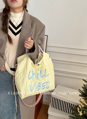 小白兔几 秋冬嫩黄色帆布包袋韩版字母刺绣绗缝手提包轻便斜挎包