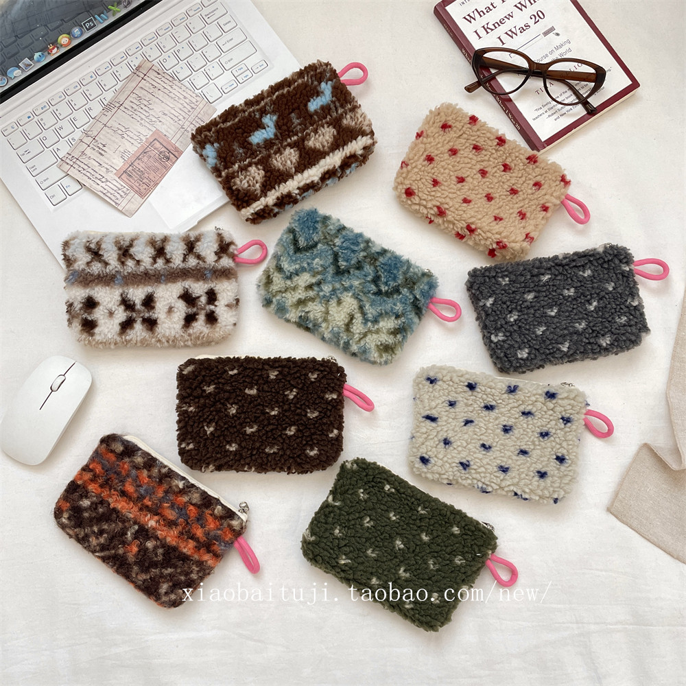 小白兔几毛绒复古款收纳袋钥匙零钱包证件袋杂物整理外出口红收纳