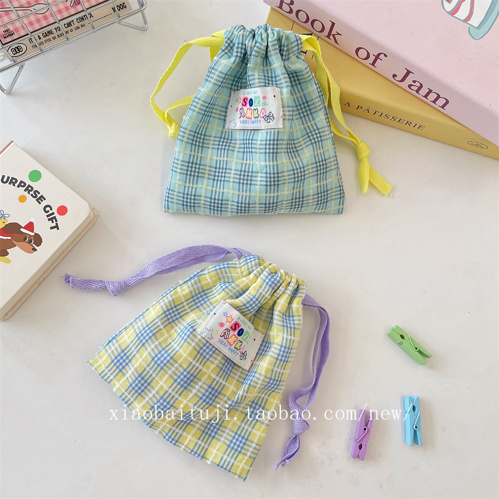 小白兔几 夏日撞色格子抽绳束口收纳袋口红补妆包外出旅行分装袋,收纳整理,其他收纳袋,淘宝优惠券,粉丝福利购,淘宝优惠卷