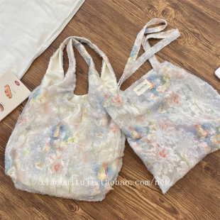 小白兔几 蕾丝仙气小花花背心包手拎袋大容量单肩包慵懒风腋下包