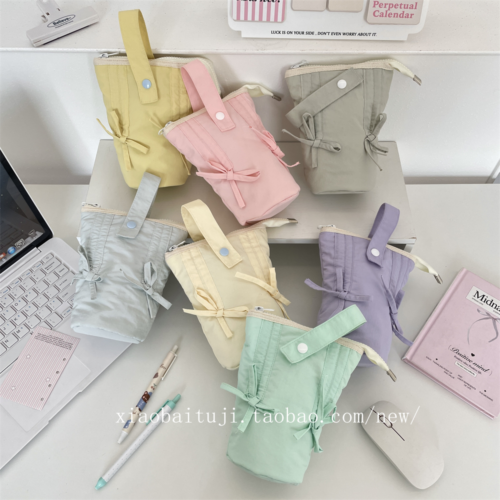 小白兔几马卡龙色竖版笔袋蝴蝶结可翻折笔袋大容量学生文具铅笔盒