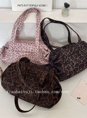 小白兔几 豹纹手提托特包女大容量外出妈咪包麂皮绒慵懒风单肩包