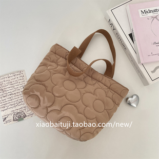 小白兔几 花朵棕色便当包手提包学生带饭上班族手拎帆布包包女