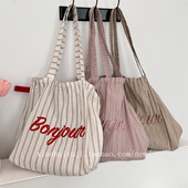 小白兔几 韩系ins条纹字母刺绣单肩托特包抽绳大容量帆布包通勤袋