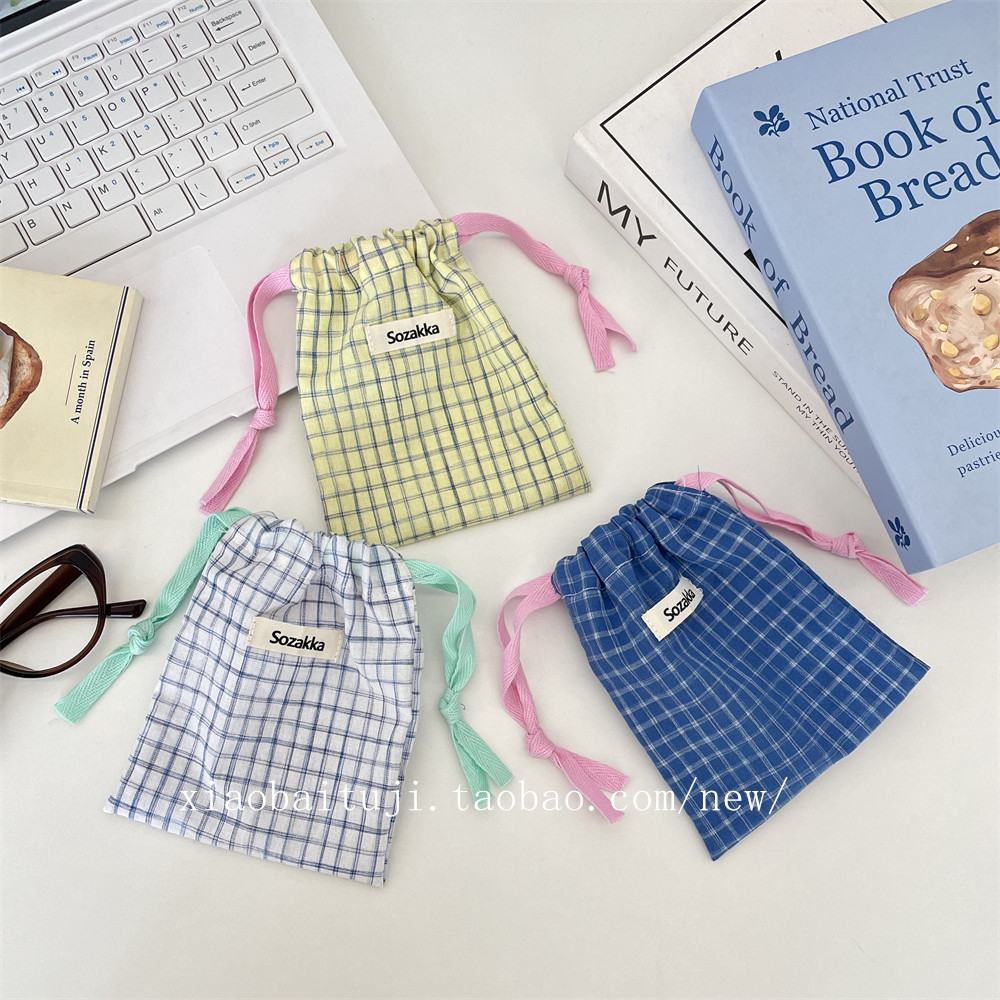 小白兔几 ins格子抽绳束口袋女生杂物收纳袋钥匙化妆品收纳分装袋,收纳整理,其他收纳袋,淘宝优惠券,粉丝福利购,淘宝优惠卷