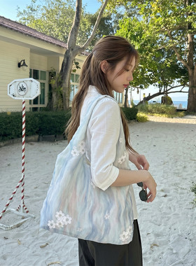 小白兔晕染刺绣帆布包通勤帆布袋