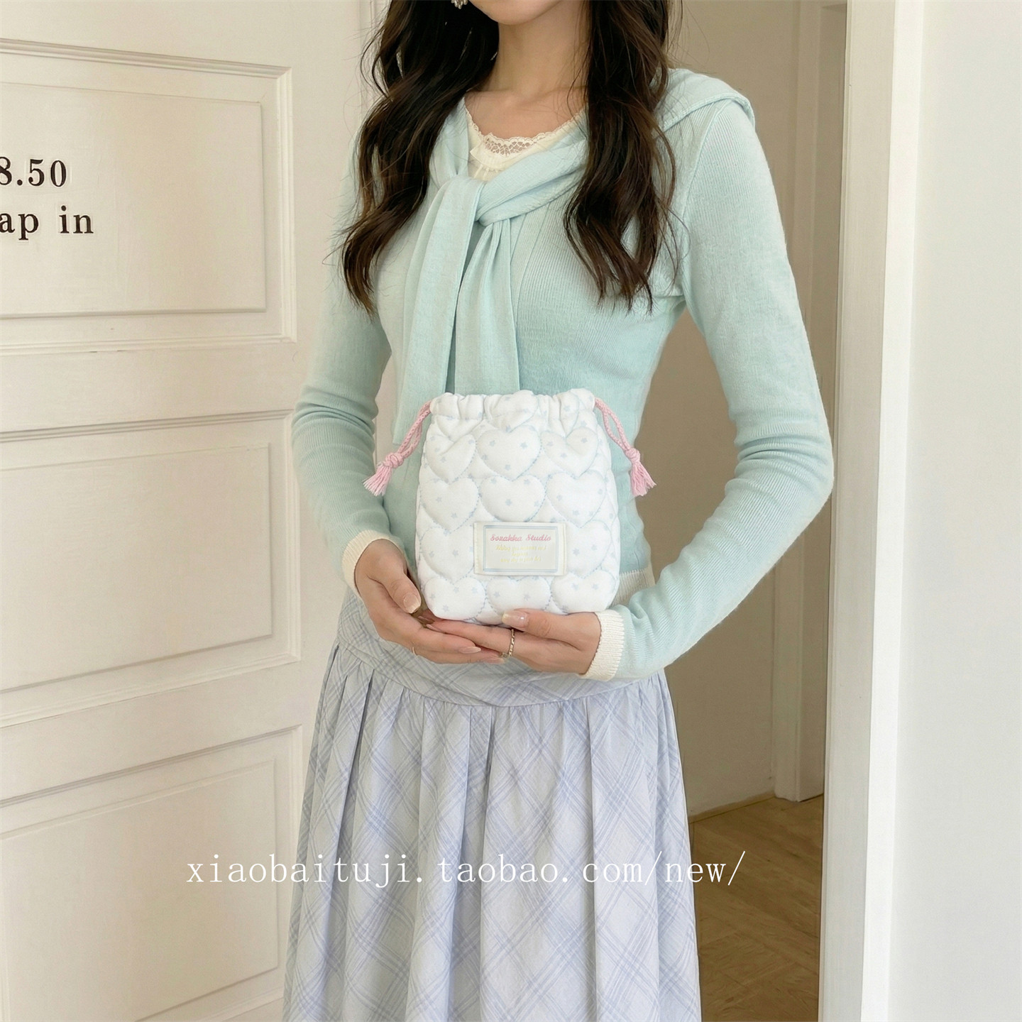 小白兔几绗缝爱心星星抽绳束口袋软糯棉感面料拍立得化妆品收纳袋