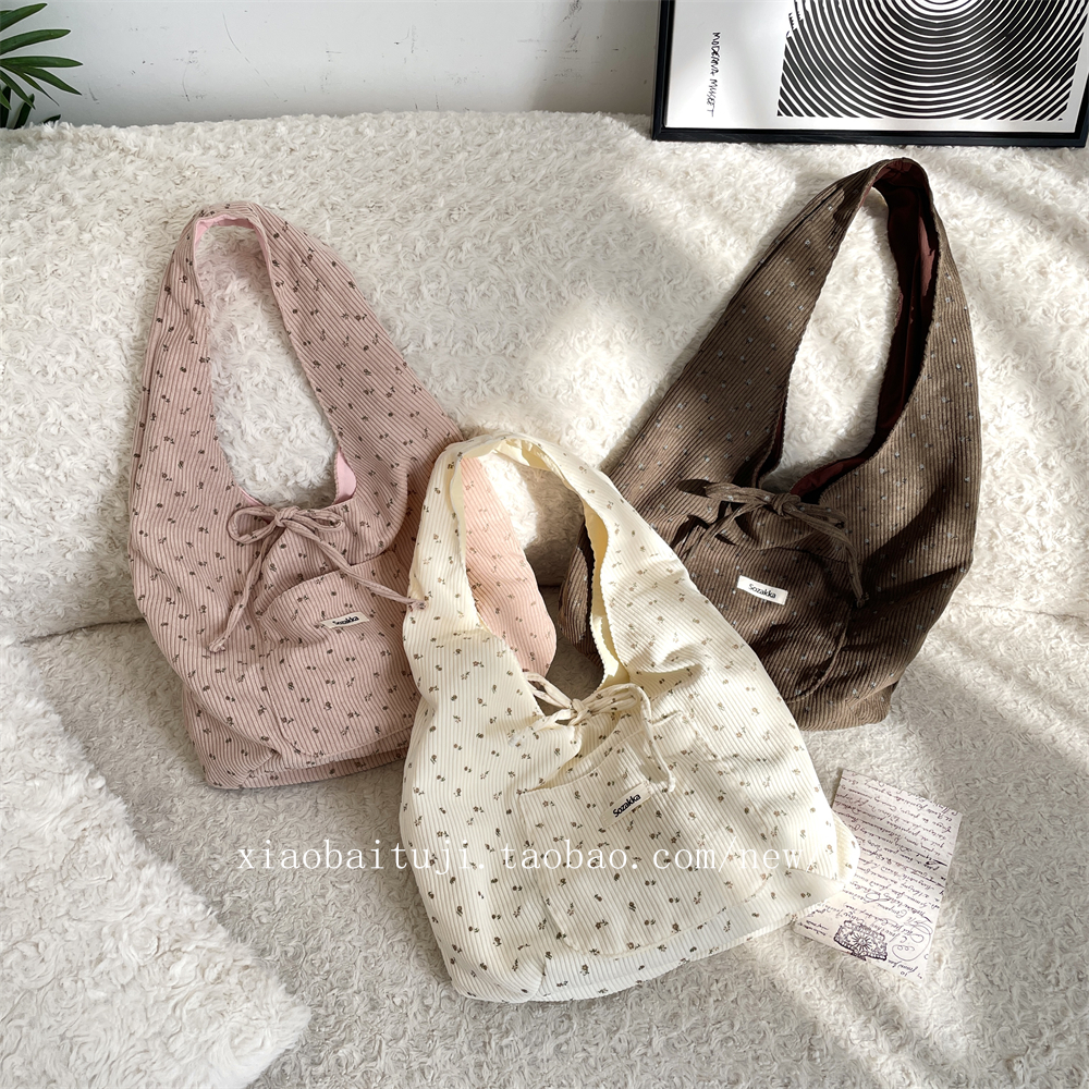 小白兔几  灯芯绒纯色双面单肩帆布包学生书包正反两用外出手提袋