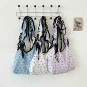 小白兔几 香芋紫蝴蝶结褶皱肩带仙气单肩斜挎托特包大容量帆布袋