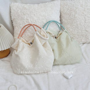 薄款 小白兔幾夏季 刺繡小花通勤手拎包文藝帆布袋外出游玩托特包袋