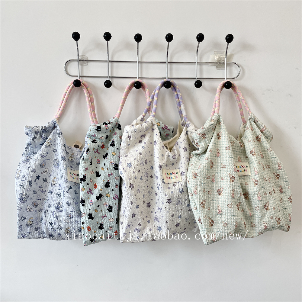 小白兔几 卡通压花帆布包女大容量手提包逛街购物袋学生上课书包