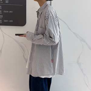 送领带春季港风休闲个性内搭衬衣外穿条纹百搭长袖衬衫男C01/P40