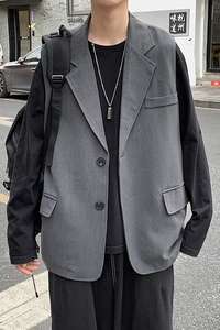纯色简约马甲背心男 流行宽松西装领百搭潮流港风时尚X116/P45图片