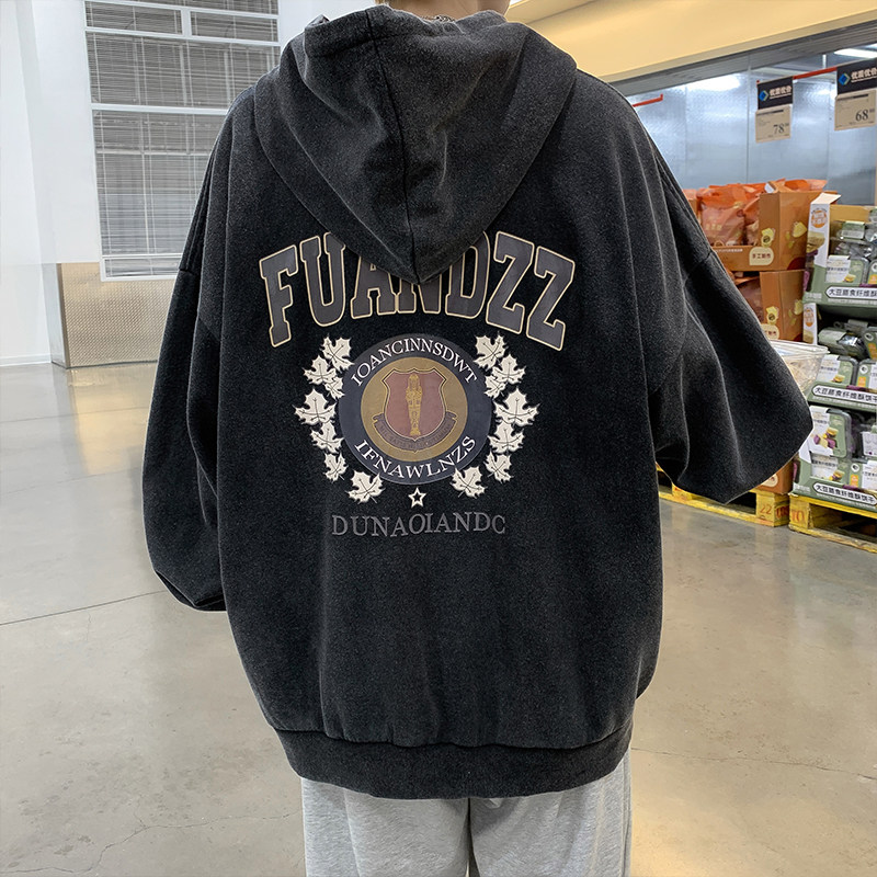 水洗做旧卫衣男美式高街连帽潮牌痞帅hiphop复古宽松外套W827-P55图片