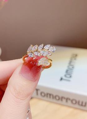 东大门新款麦穗戒指女超闪锆石树叶开口可调节食指戒网红爆款指环