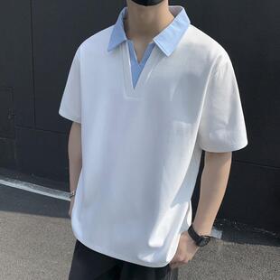 冰丝polo衫男款夏季薄款假两件v领半袖宽松加肥加大码胖子短袖t恤