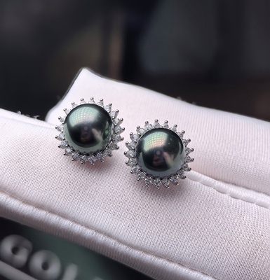 天然海水大溪地黑珍珠孔雀绿伴彩耳钉925银戴妃太阳花款简约百搭