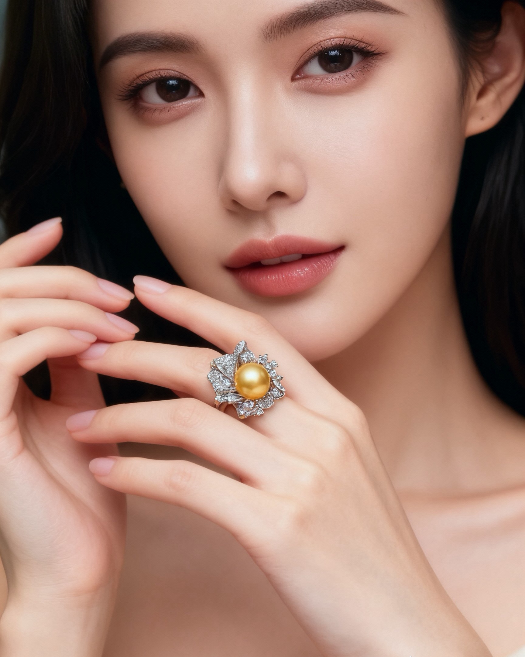 天然大点位海水南洋金珠戒指奢华高级款浓金近圆925银镶精致大气