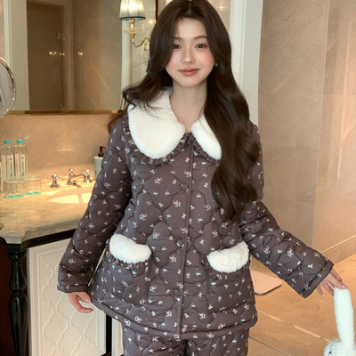 珊瑚绒特厚三层夹棉睡衣女套装冬