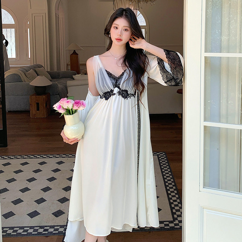 法式性感蕾丝冰丝睡裙小众高级感带胸垫睡衣女纯欲风长款晨袍春秋,女士内衣/男士内衣/家居服,晨袍,淘宝优惠券,粉丝福利购,淘宝优惠卷