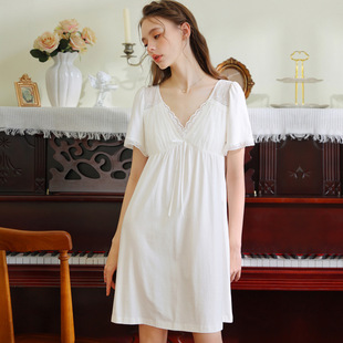 睡裙少女家居服可外穿 睡衣女2025夏季 新品 纯棉法式 宫廷风白色短袖