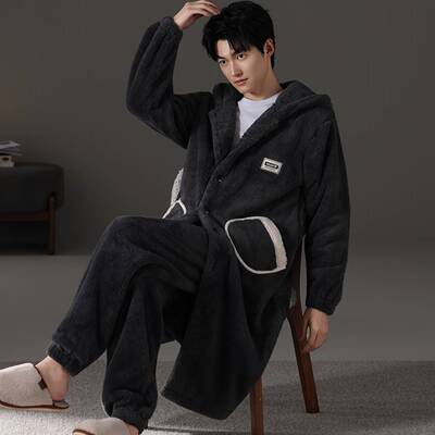 官方正品青少年男士睡衣秋冬款2025新款毛绒睡袍珊瑚绒加厚两件套