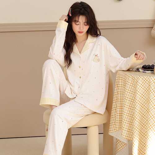 专柜品牌2026春秋季带胸垫纯棉舒适睡衣女长袖开衫休闲家居服亲肤