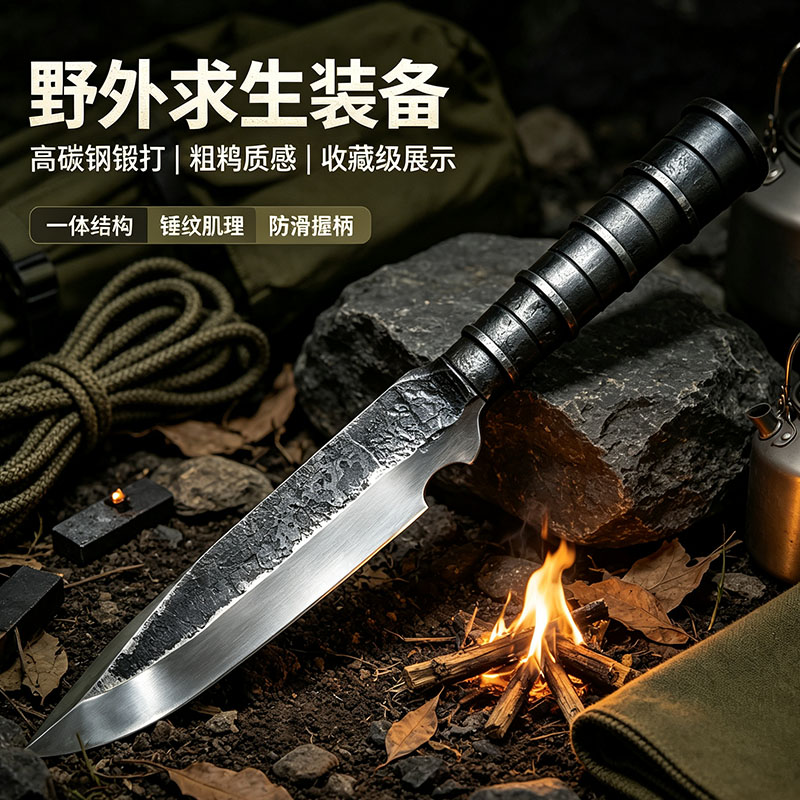 龙泉高碳钢一体纯手工锻打加厚刀矛枪头武术矛刀头户外收藏未开刃