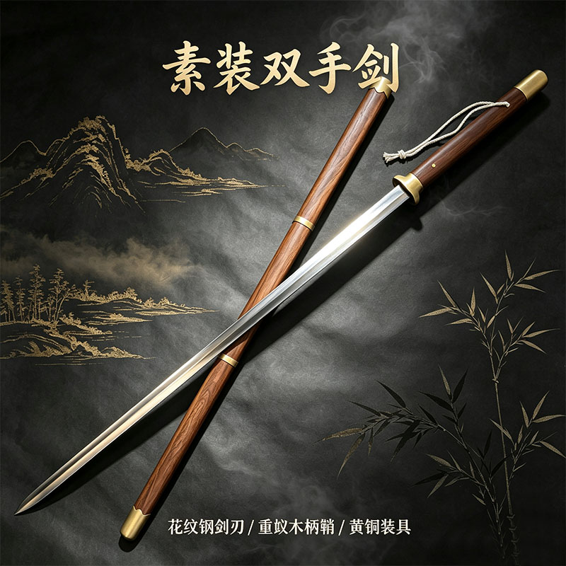 龙泉刀剑纯手工锻造百炼花纹钢瓦面双手剑锻炼收藏武术宝剑未开刃