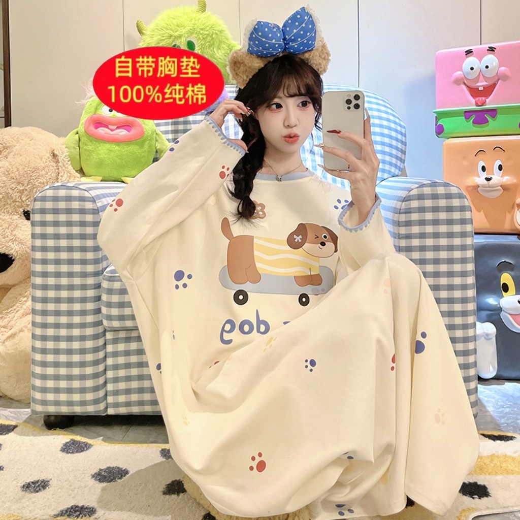 带胸垫100%纯棉睡裙女长袖卡通可爱宽松可外穿加长款到脚踝连衣裙