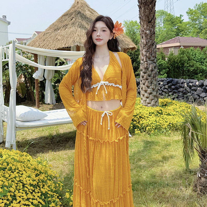 大码泳衣女长袖长裙荷叶边防嗮分体四件套性感比基尼度假沙滩泳装