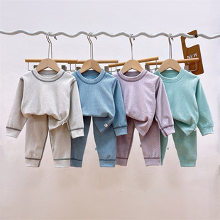 儿童秋衣秋裤套装男女孩双面德绒睡衣中大童纯色男童女童秋衣套装