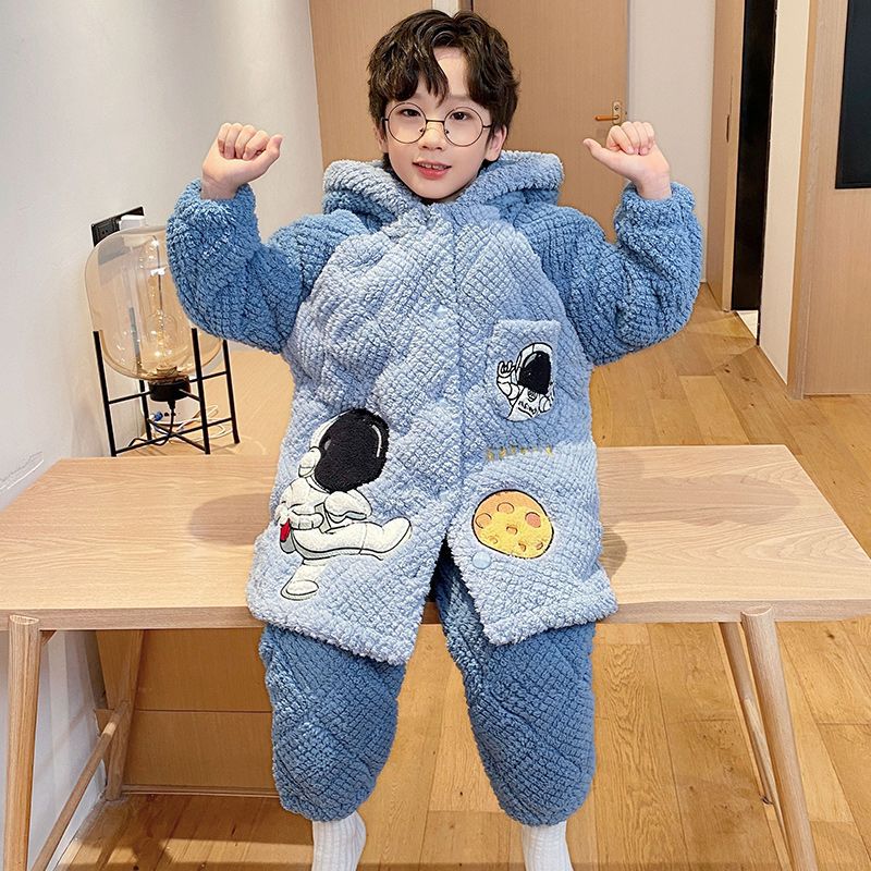 儿童睡衣男童男孩秋冬季三层夹棉加厚款2025新款加绒家居服睡袍