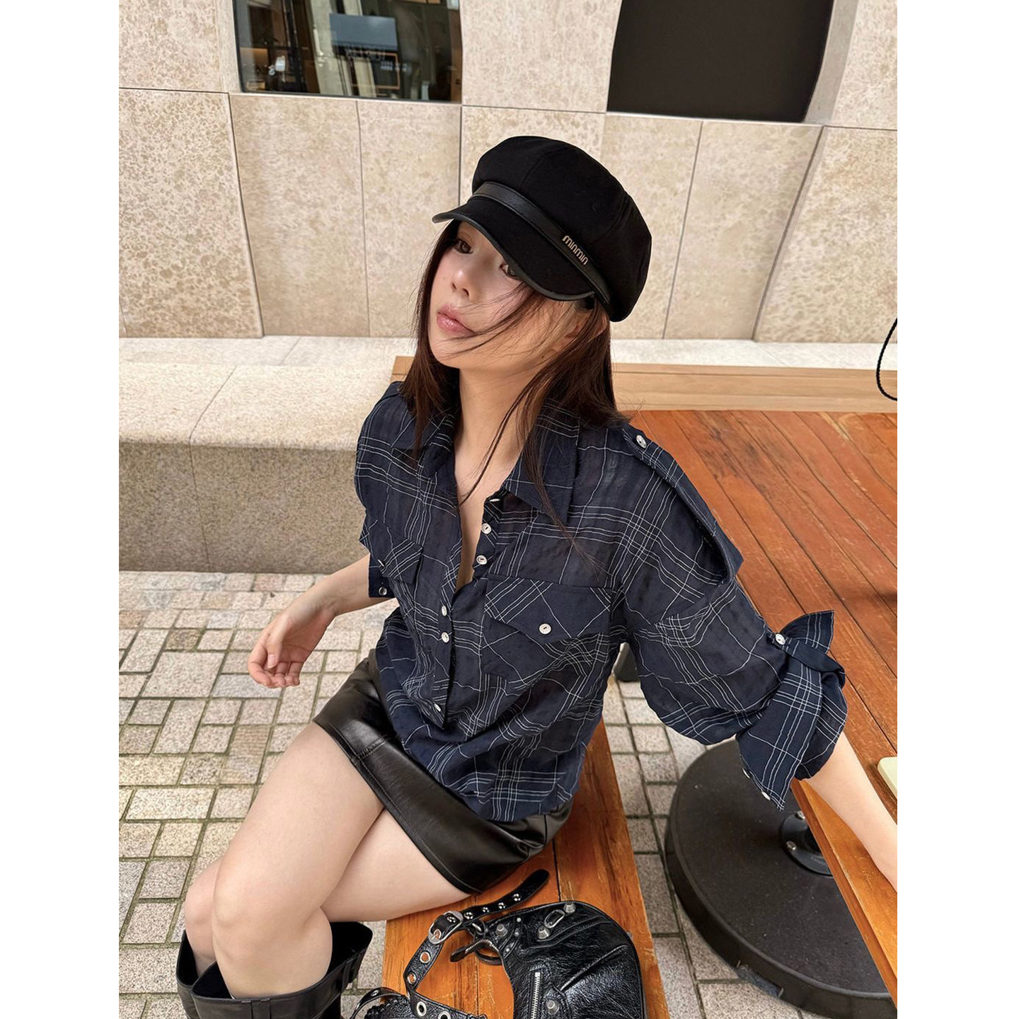 Last danse蓝色格子衬衫女长袖夏薄款休闲复古韩系衬衣防晒衫外套