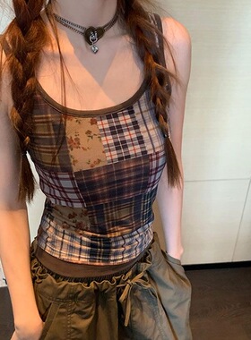 Last danse 韩系格子印花背心女夏新款拼接修身显瘦短款马甲背心