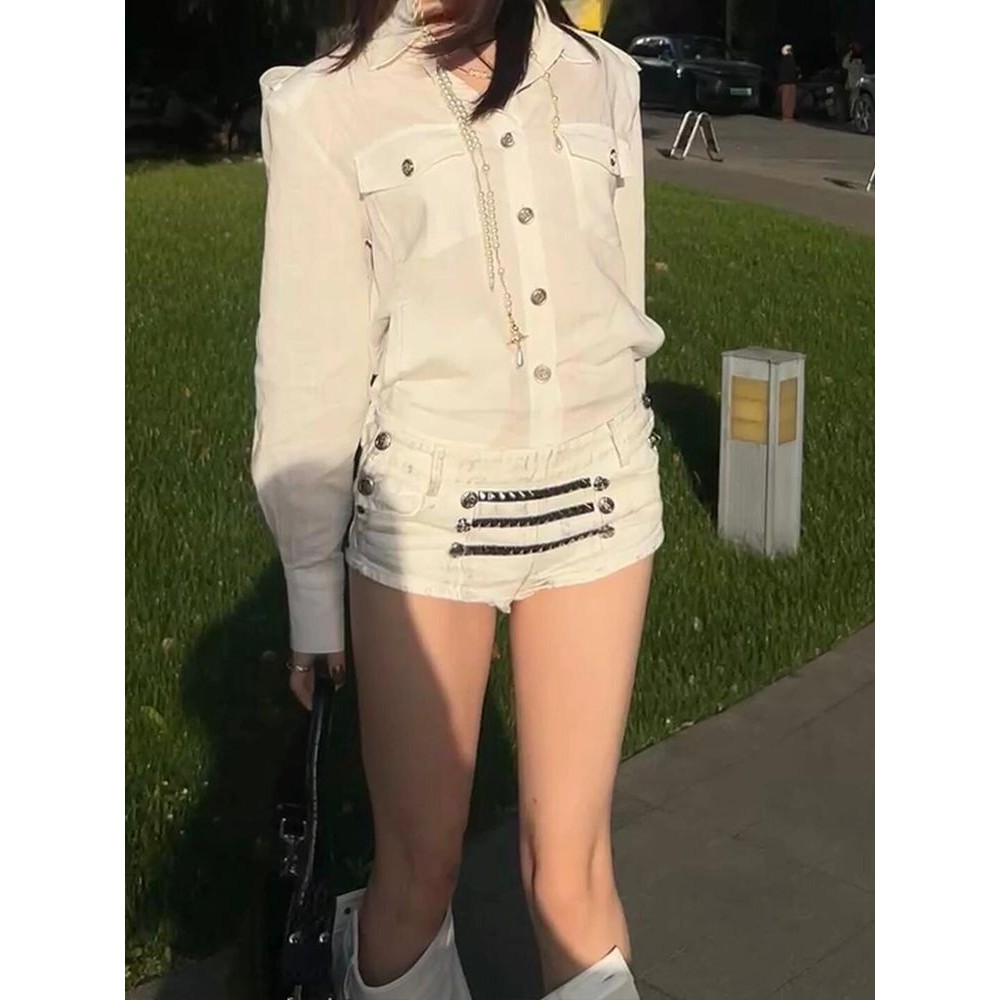 白色牛仔短裤女美式y2k千禧低腰