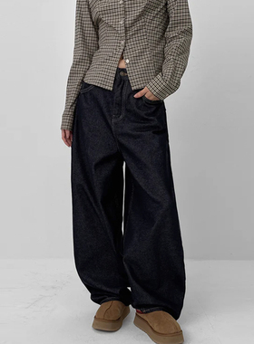 Last danse美式深蓝色牛仔裤女宽松直筒复古水洗镰刀裤显瘦女裤