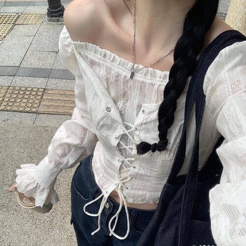 法式甜美系带白色雪纺衫女拼接